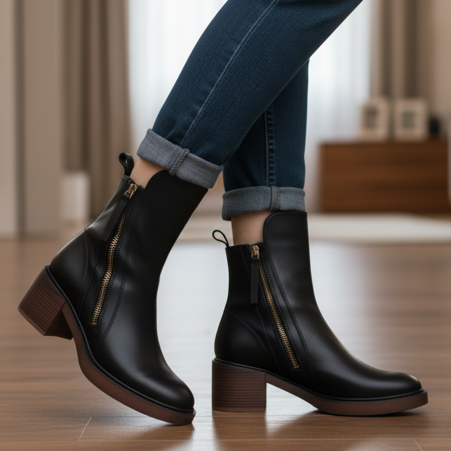 Zoé | Botte en cuir noire avec un talon confortable, élégante et intemporelle