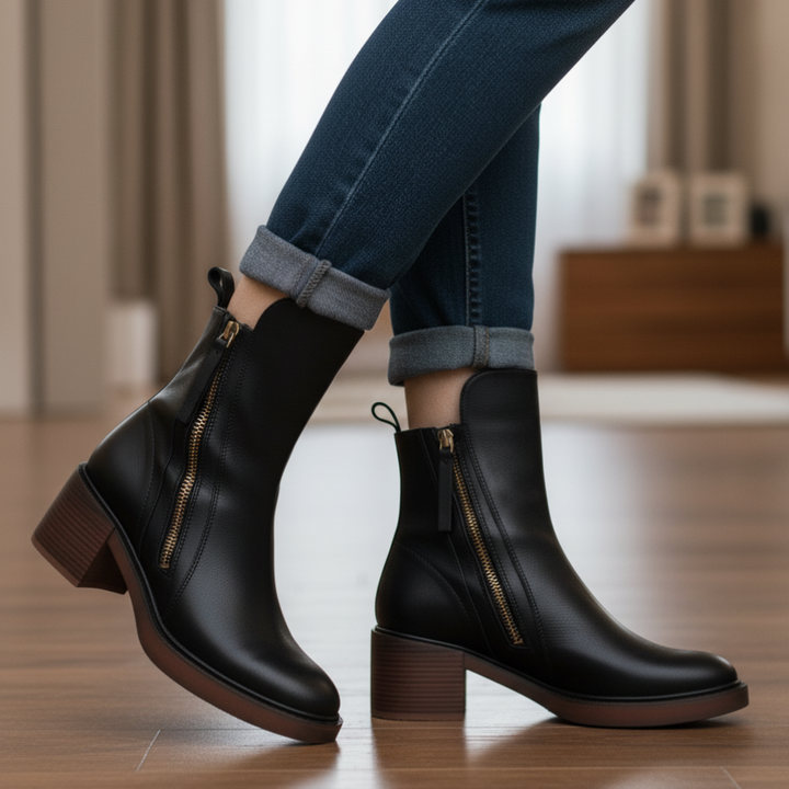 Zoé | Botte en cuir noire avec un talon confortable, élégante et intemporelle