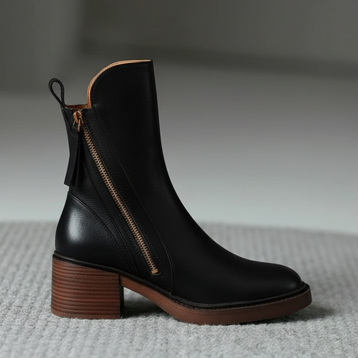 Zoé | Botte en cuir noire avec un talon confortable, élégante et intemporelle