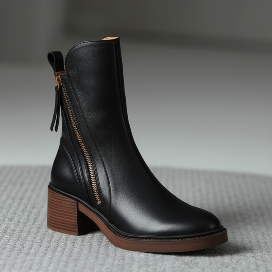 Zoé | Botte en cuir noire avec un talon confortable, élégante et intemporelle