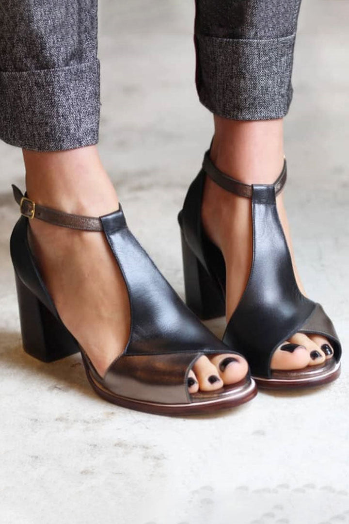 Nadaria | Sandales noires à talon peep toe en patchwork
