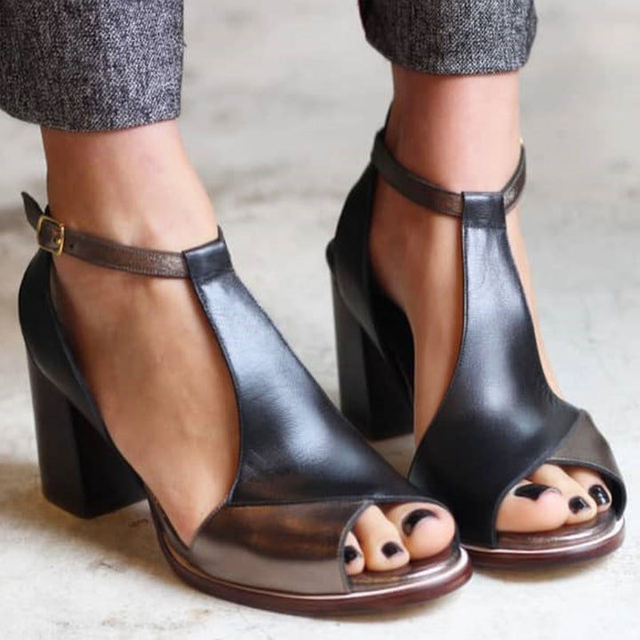 Nadaria | Sandales noires à talon peep toe en patchwork